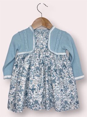 Sarah Louise blue floral dress attached knit cardigan‎ girls 12 months